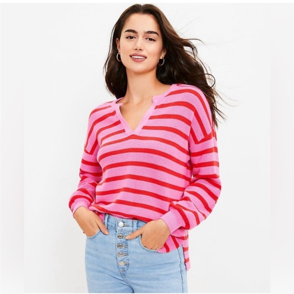 Stripe Textured Split Neck Sweater